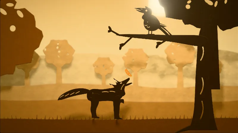 The Fox and the Crow, illustrated as a paper-cut lightbox